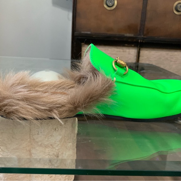 Neon green fur lined Gucci slip ons - Picture 6 of 10